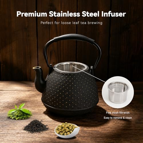 Cast Iron Teapot with Infuser, 42 oz (1250 ml) Large Japanese Tea Pot for Loose Leaf Tea, Enamel Interior, Stovetop Safe, Heat Retaining Design for Family & Friends Sharing, Black - Image 4
