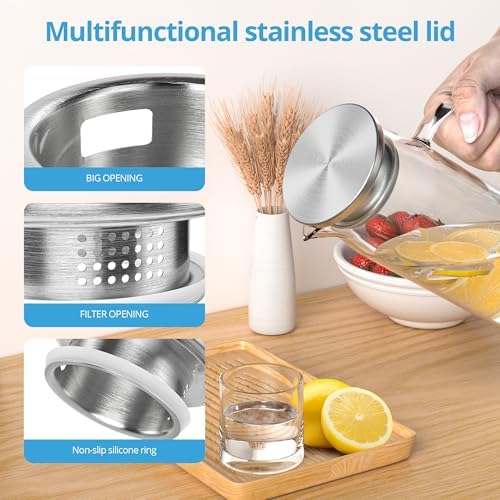 3 Sets Glass Pitcher with Lid, 50 oz / 1500 ml Water Carafe with Handles Hot Cold Beverage Water Jar Glass Jug (Stainless steel lid) - Image 4