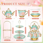 21 Pcs Porcelain Tea Set with 3 Tier Dessert Stand, Green, Summer - Image 2