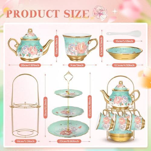 21 Pcs Porcelain Tea Set with 3 Tier Dessert Stand, Green, Summer - Image 2