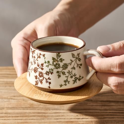 LUKA Ceramic Coffee Espresso Cups with Saucers Set andMetal Stand, 4.4 oz Unique Porcelain Demitasse Cups ForTea, Espresso, Latte, Set of 6, Green and Beige - Image 7
