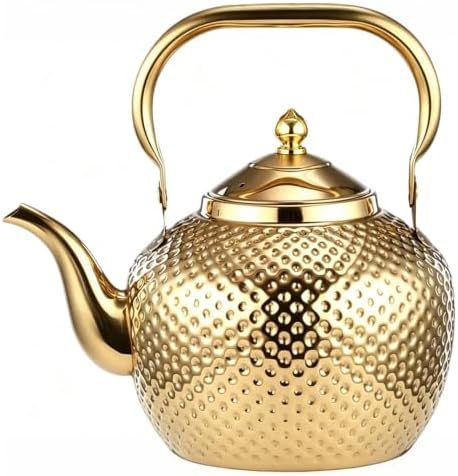 2L/67.6oz Gold Tea Kettle, Hammered Stovetop Teapot with Removable Fine Mesh Infuser, Stainless Steel Rust-proof Vintage Water Boiler for Induction/Gas, Home Office Camping Gift by Unknown