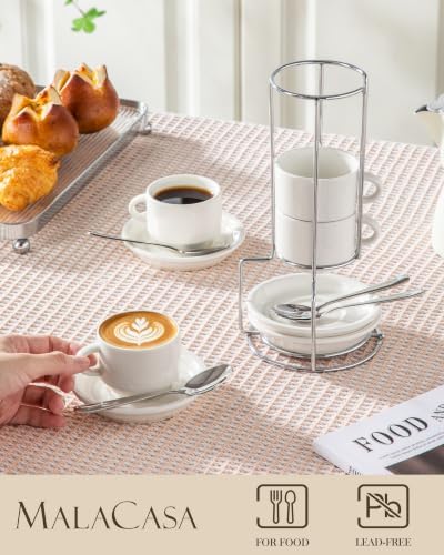 MALACASA 2.5 OZ Espresso Cups Set of 4, Porcelain Stackable Coffee Cups with Saucers, Spoons and Metal Stand, Demitasse Mugs Cappuccino Cups, Espresso Accessories for Machine - Image 4