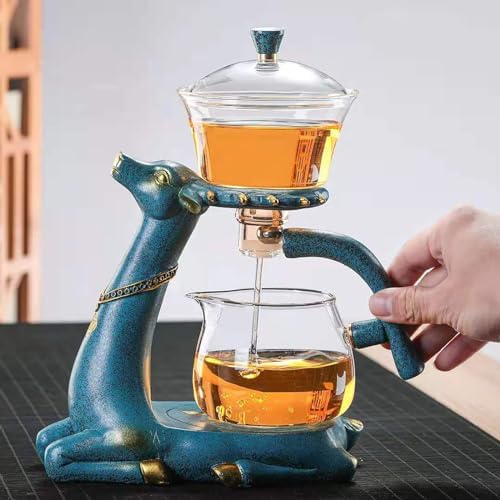 YUDIZWS Lazy Kungfu Drip Teapot,Heat Resistant Tea Set,Sturdy High Borosilicate Glass Teapot,Magnetic Water Diversion Semi-Automatic Teapot Set Magic Tea Set, Blue Deer Tea Set - Image 5