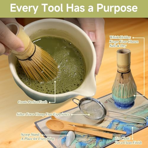 8-Piece Matcha Whisk Set, Ceramic Bowl and Bamboo Tools, Kiln Frost - Image 4