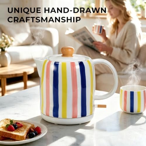 Hand-Painted Vertical Striped Ceramic Electric Kettle 1.0L - 1000W Fast Boil with Wooden Lid, Auto Shut-Off & Boil-Dry Protection for Coffee and Tea - Image 2