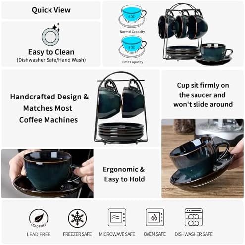 Stackable Cappuccino Cup Set of 4 [8oz] Activated Glazed Ceramic Coffee Cup - Image 7