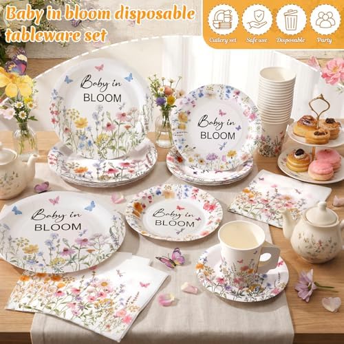 Pickmesh 252 Pcs Baby in Bloom Tea Party Supplies for 36 Guests Wildflower Paper Disposable Dinnerware Flower Teacup with Handle and Saucers Set for Tea Party Decorations Birthday Baby Shower Wedding - Image 2