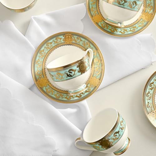 Luxury White & Gold Embossed Tea Cups and Saucers with Teapot, Sugar Bowl, & &Creamer, Vintage European Porcelain Coffee Set for Tea Party, Wedding, Gift (Teal, 4pcs/set) - Image 5