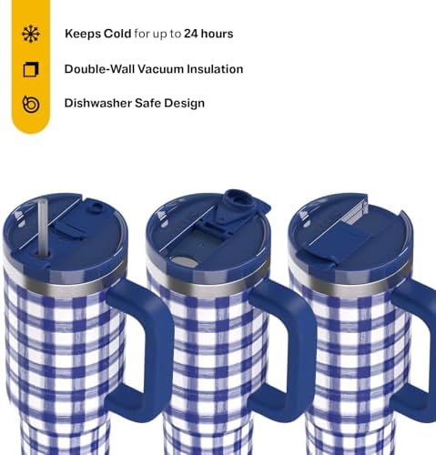 RTIC 40oz Road Trip Tumbler, Insulated, Ceramic Lined, Cobalt Gingham - Image 2