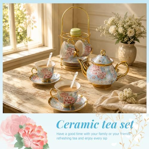 20-Piece Porcelain Tea Sets for Adults, Includes Tea Cups and Saucers, Teapot, Spoons & Metal Rack, Elegant Ceramic Tea Set for Women, Wedding & Home Decor (Blue and Pink) - Image 5