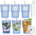 6 Pcs 15oz Plastic Tumblers with Lids and Straw Ribbed Iced Coffee Cups Blue Reusable Plastic Cups Leak-Proof Travel Iced Coffee Tumblers for Home Office Travel with Clean Brush by SMAODSGN