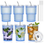 6 Pcs 15oz Plastic Tumblers with Lids and Straw Ribbed Iced Coffee Cups Blue Reusable Plastic Cups Leak-Proof Travel Iced Coffee Tumblers for Home Office Travel with Clean Brush by SMAODSGN