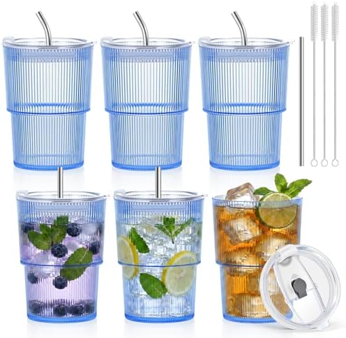 6 Pcs 15oz Plastic Tumblers with Lids and Straw Ribbed Iced Coffee Cups Blue Reusable Plastic Cups Leak-Proof Travel Iced Coffee Tumblers for Home Office Travel with Clean Brush by SMAODSGN