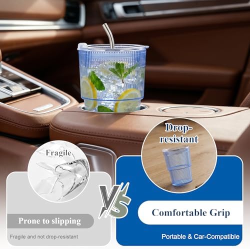 8 Pcs 15oz Plastic Tumblers with Lids and Straw Ribbed Iced Coffee Cups Blue Reusable Plastic Cups Leak-Proof Travel Iced Coffee Tumblers for Home Office Travel with Clean Brush - Image 4