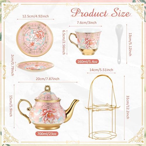 Zhehao 20 Pcs Porcelain Tea Set for Adult, with Metal Holder, Pink - Image 2
