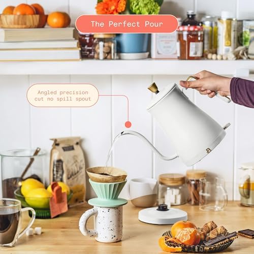Electric Gooseneck Kettle 1 Liter 1200W Fast Boil with Precision Pour Spout, Stainless Steel Interior, Auto Shut-Off & 360° Swivel Base (White Icing) - Image 3