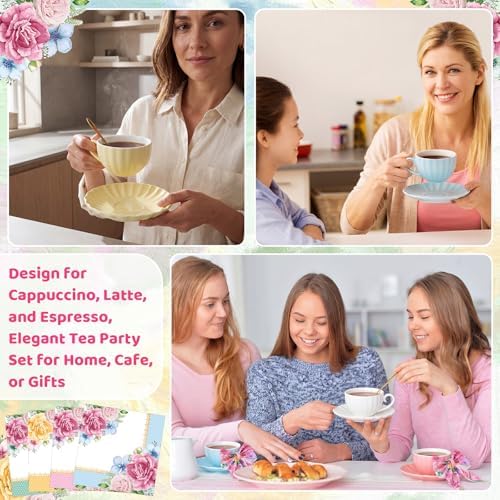 Set of 6 Tea Cups and Saucers Tea Party Decorations 5.4 oz British Cappuccino Cups with Saucers Floral Napkin Gift for Women Birthday Party Church Mother's Day - Image 6
