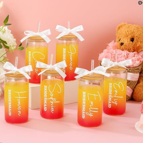 Skylety 6 Set Bridesmaid Personalized Glass Cups with Name Stickers - Image 4