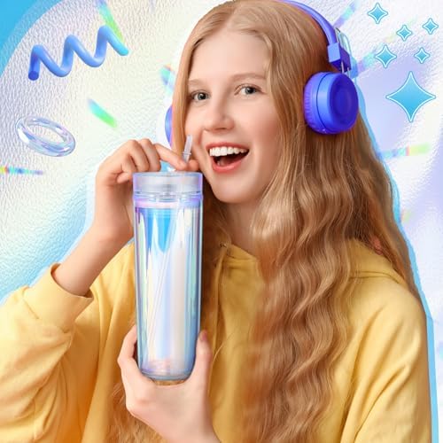 Tujoe 12 Pack Iridescent Skinny Tumbler with Lid Straw Insulated, 16 oz - Image 6