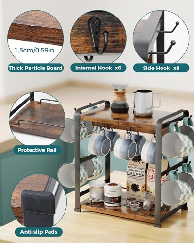 OROPY Coffee Mug Holder Countertop, Mug Rack 2 Tier Shelf & 14 Mug Hooks - Image 4