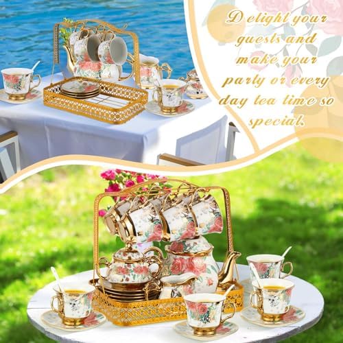 22 Pcs Vintage Porcelain Tea Sets for 6, White Rose Floral - Image 6