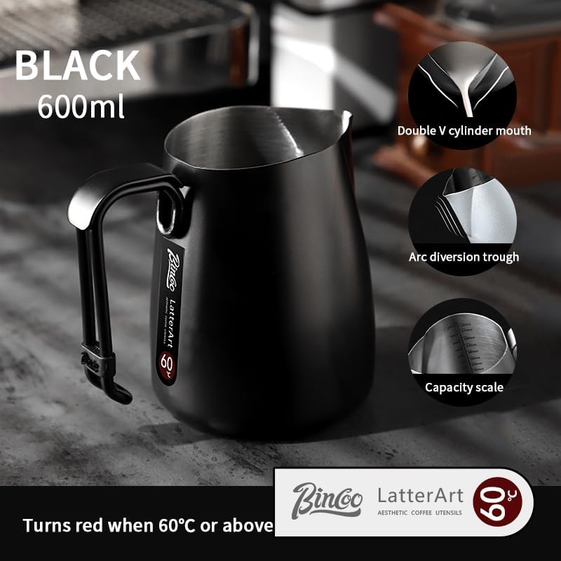 Bincoo Milk Frothing Pitcher,Espresso Milk Frothing Pitcher Stainless Steel 20oz/600ML Coffee Milk Frother Cup with Measurement Lines,Ergonomic Handle for Latte Art & Cappuccino - Image 3