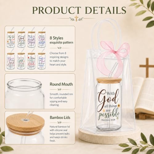 Iced Coffee Mugs, 8 Sets, Glass, 16 oz, Reusable, Floral Bible - Image 3