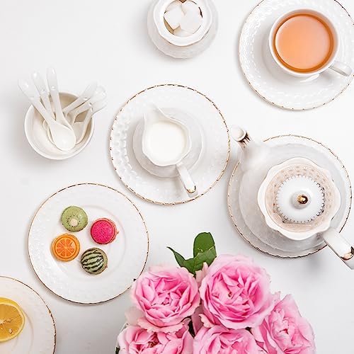 Sweejar 21 Piece Porcelain Tea Set, Vintage British Floral Relief Gold Rimmed Teapot Cup and Saucer Set, Tea Set Service with Teapot, Sugar Bowl, Milk Jug, Spoons, Tea Cup and Saucer Set of 6(Flower) - Image 2