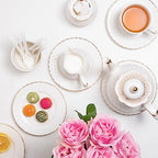 Sweejar 21 Piece Porcelain Tea Set, Vintage British Floral Relief Gold Rimmed Teapot Cup and Saucer Set, Tea Set Service with Teapot, Sugar Bowl, Milk Jug, Spoons, Tea Cup and Saucer Set of 6(Flower) - Image 2