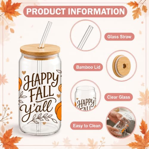 Fall Glass Cups with Lids and Straws, 6 Pack, 16oz, Hello Pumpkin - Image 3