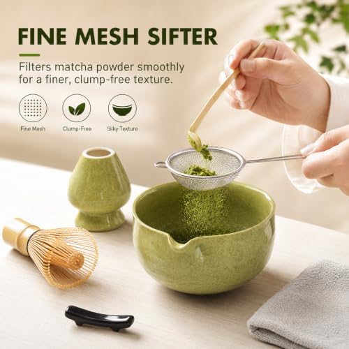 7 Pcs Matcha Set with Bamboo Whisk, Threaded Bowl & Holder, Matcha Green - Image 5