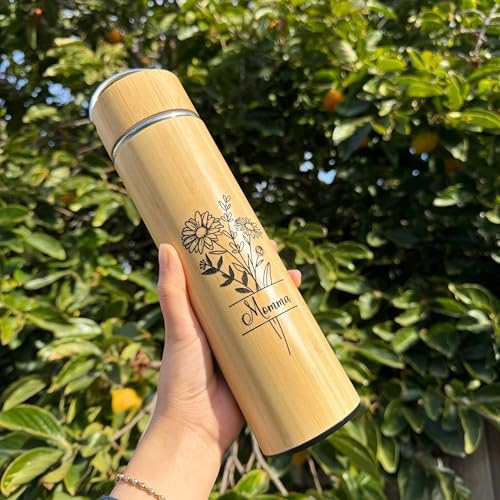 Personalized Gifts 15 oz Tea Tumbler Laser Engraving Bamboo Water Bottle Custom Name Birth Month Flower Gift for Mom, Birthday Gifts, Family Christmas Gift - Image 2