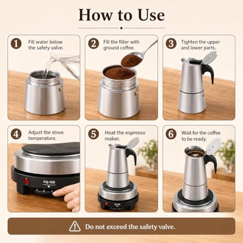 6 Cup Moka Pot, Electric Stovetop Espresso Maker with Electric Stove, Stainless Steel Coffee Maker for Cafes, Stores, Offices (6 Cup - 300ml) - Image 6