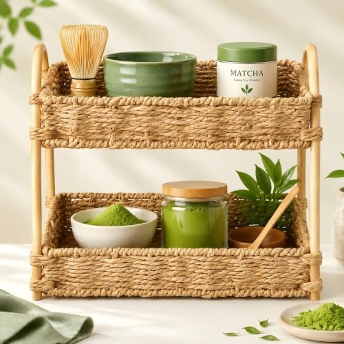 2 Tier Matcha Stand Organizer Woven Rattan Tray, Paper Rope by Unknown