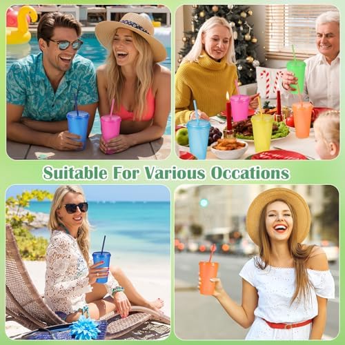 Honeydak 30 Pack Plastic Tumblers with Lids and Straws Bulk, Retro Color - Image 6