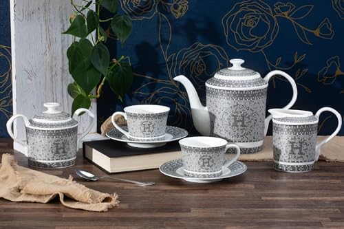 Complete Porcelain Tea Set for 6 - Silver Mosaic Design, 17 Piece - Image 4