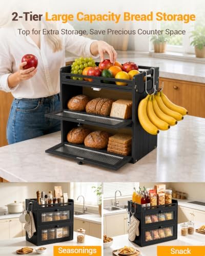 Bread Box for Kitchen Countertop, 2-Tier Bamboo Storage with Raised Shelf - Image 2