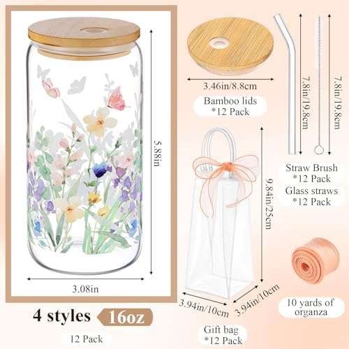 Mumufy 12 Sets Wildflower Cute Glass Cups with Lids Straws Bulk, 16 Oz - Image 2