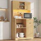 kepptory 72" Tall Bar Cabinet with Mini Fridge Space, Fluted Coffee Liquor Hutch Cabinet with Storage, Tall Home Bar with LED Light & Power Outlet for Kitchen Dining Room or Living, Natural - Image 3
