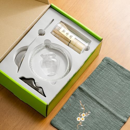 DWEHIXBUY Japanese Tea Set (7pcs) Matcha Whisk Set Matcha Bowl with Pouring Spout Bamboo Matcha Whisk (chasen) Scoop (chashaku) Matcha Whisk Holder Tea Making Kit. WHITE GLASS - Image 3