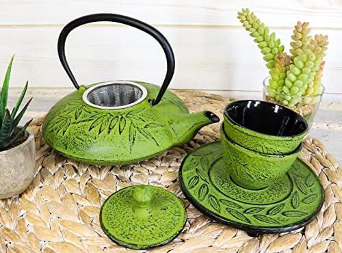 Ebros Gift Japanese Symbol Of Prosperity Evergreen Bamboo Forest Heavy Duty Cast Iron Tea Pot Set With Base Trivet and Cups Set Serves 2 Home And Kitchen Decor Accent Housewarming Gift (Yellow) - Image 5