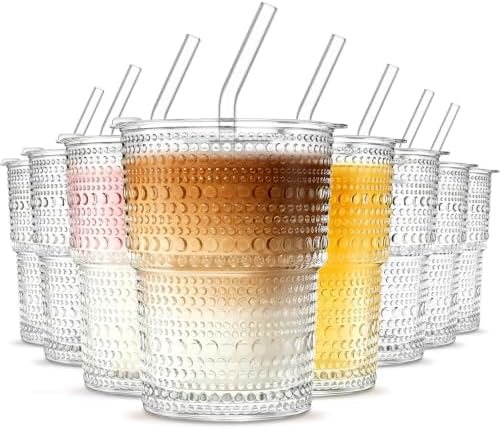 INSETLAN Iced Coffee Cups with Lids and Straws, 13 oz Hobnail Glass Tumbler by INSETLAN