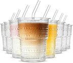 INSETLAN Iced Coffee Cups with Lids and Straws, 13 oz Hobnail Glass Tumbler by INSETLAN