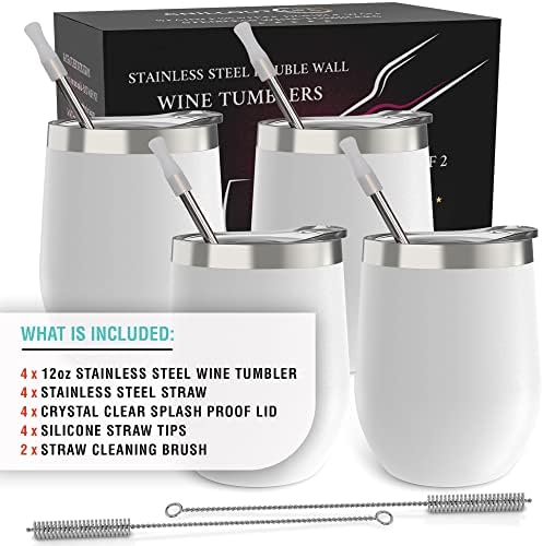 CHILLOUT LIFE 12 oz Stainless Steel Wine Tumblers 4 Pack - Double Wall Vacuum Insulated Wine Glasses Cups with Lids and Straws Set Keeping Cold & Hot for Coffee, Beer, Ice Cream - Powder Coated White - Image 5