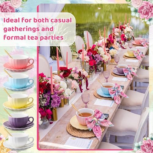 Set of 6 Tea Cups and Saucers Tea Party Decorations 5.4 oz British Cappuccino Cups with Saucers Floral Napkin Gift for Women Birthday Party Church Mother's Day - Image 5