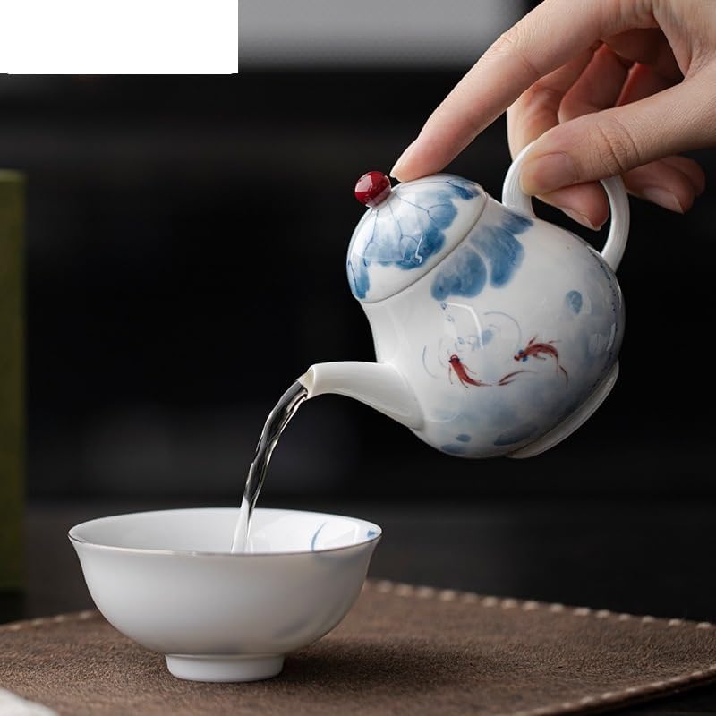 Tea Kettle 145ml Hand-Painted Fish Play Lotus Pond Teapot Pure Handmade White Porcelain Zen Pot Tea Maker Kettle Cha Accessories Ornaments Loose Leaf Tea Steeper Ceramic Tea Infuser - Image 6