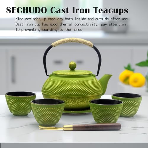 Japanese Cast Iron Tea Cups, Small and Heavy Teacups with no Handles, Japanese Style Cup for Adults, Asian Teacups, Coated with Enameled Interior, 4 Pcs/Box (Green, 2oz/60ml) - Image 2