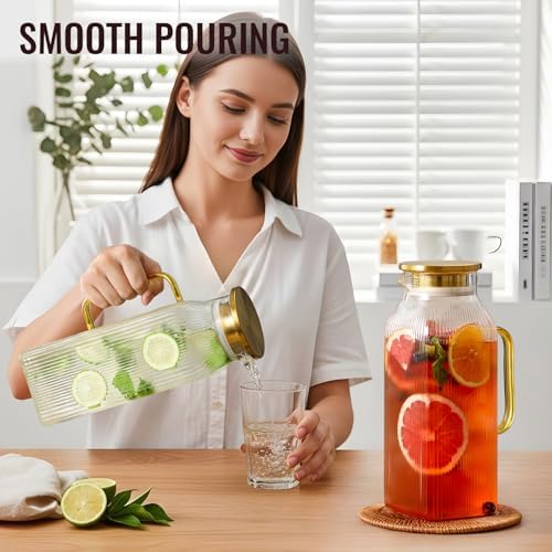 2 Pack 2.2 Liter/75 oz Square Classic Stripes Glass Pitcher with Lid, Gold - Image 6