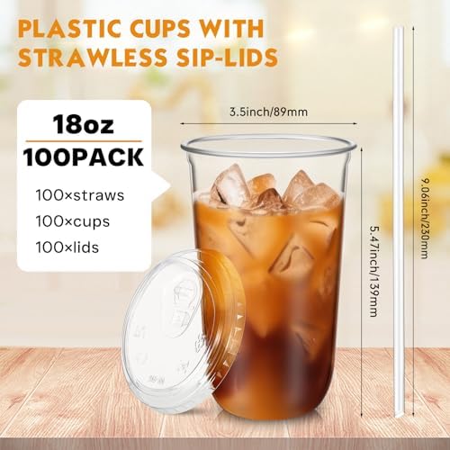 Ziliny 100 Pack 18 Oz Clear Plastic Cups with Lids and Straws, Iced Coffee - Image 3